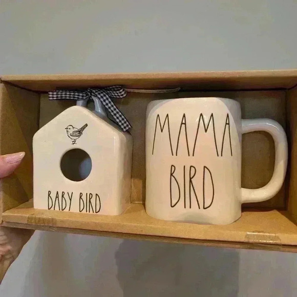 Rae Dunn Mama bird and baby bird  mug and mini birdhouse set - Picture 2 of 7